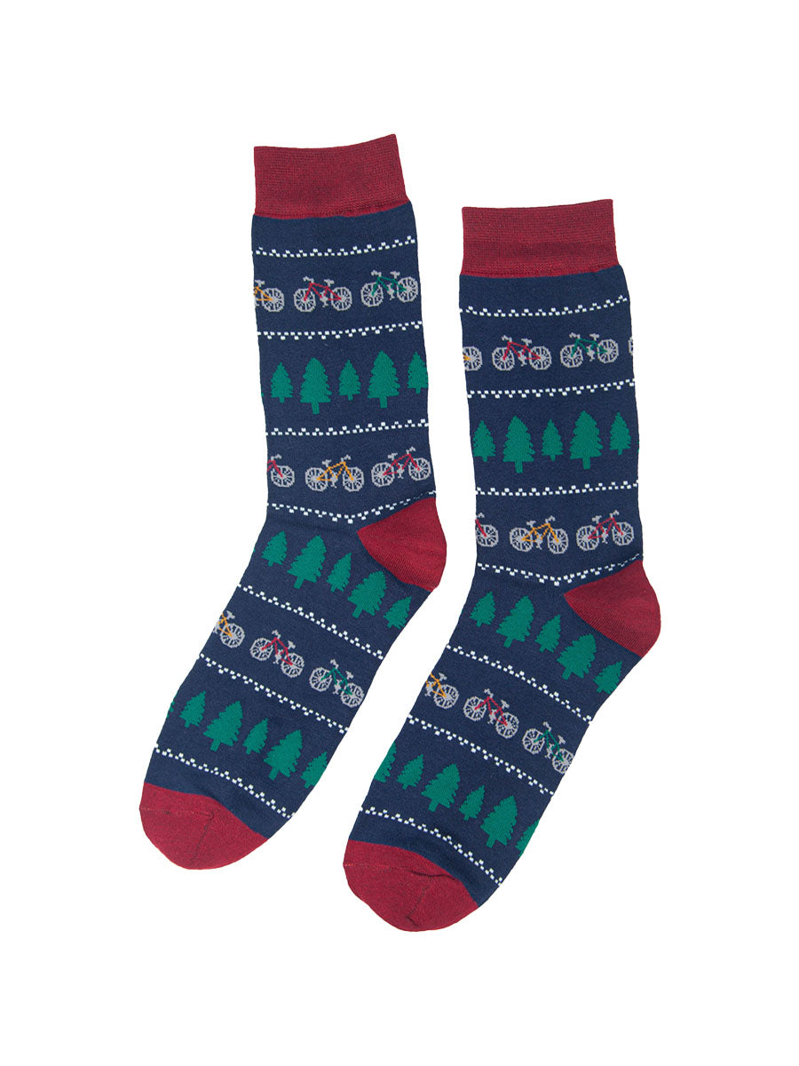 navy blue and red bamboo socks with mountain bikes and trees
