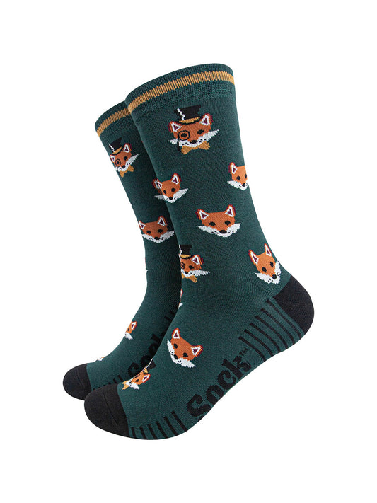 mens-bamboo-socks-forest-green-black-dapper-fox-woodland-animals