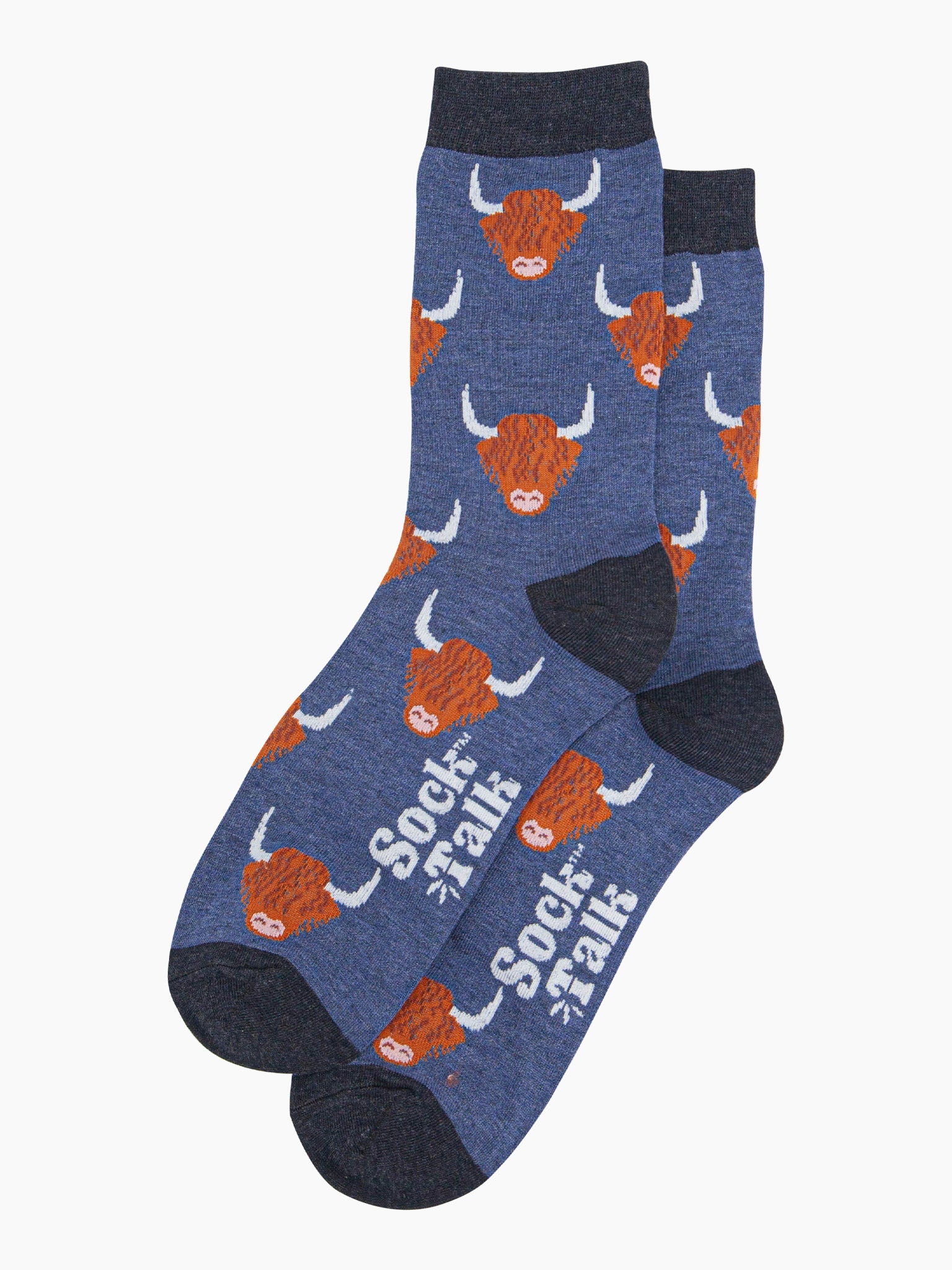 mens-bamboo-socks-denim-blue-highland-cow-laying-flat