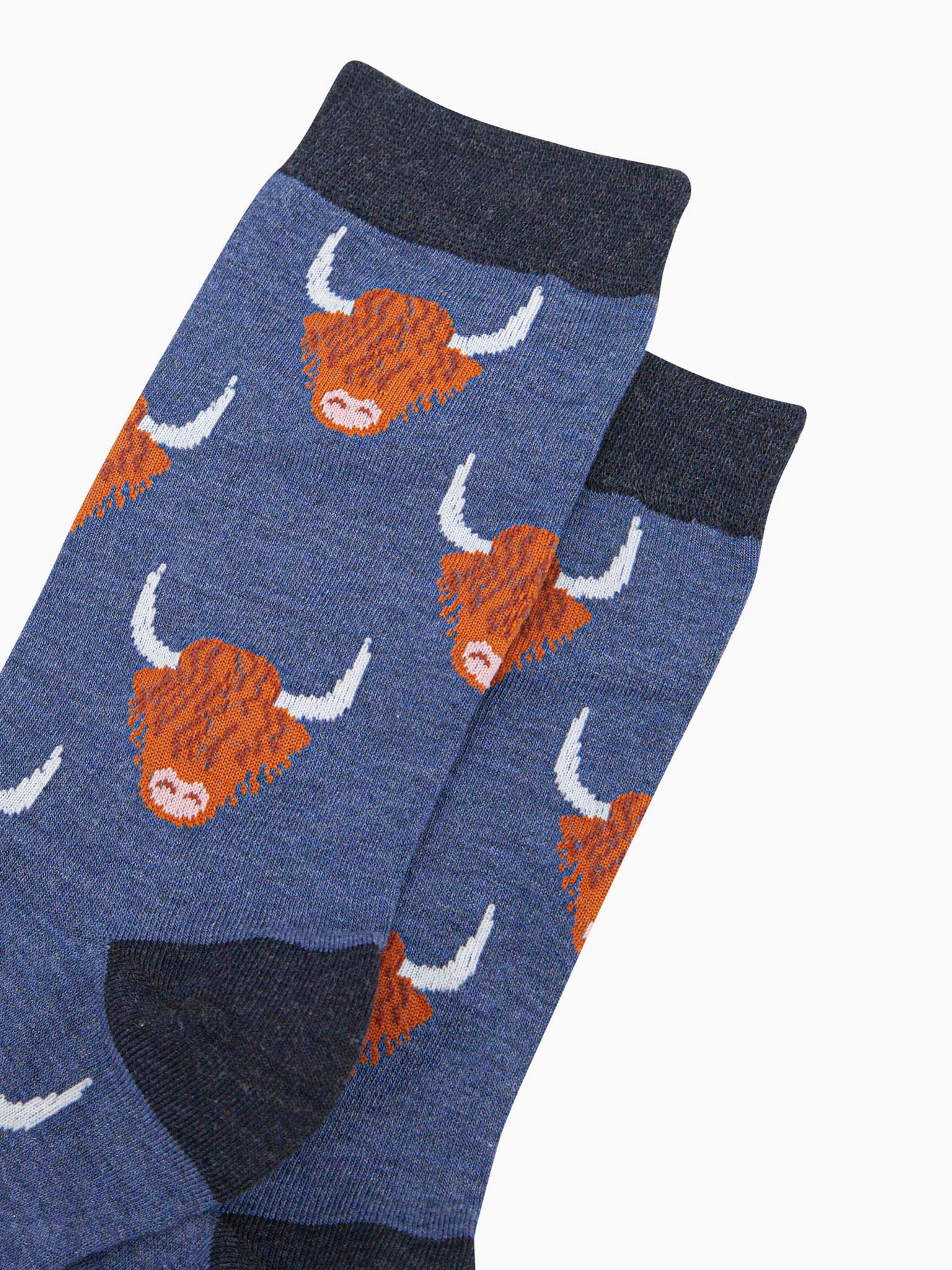 mens-bamboo-socks-denim-blue-highland-cow-close-up-long-haired-cows-orange