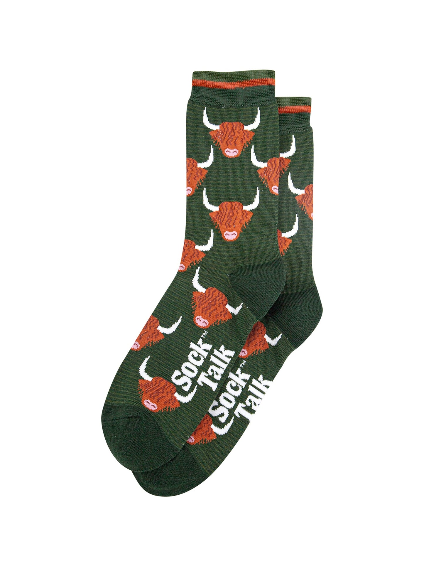 Highland-Cow-Bamboo-Socks-in-Forest-Green-Lying-Flat