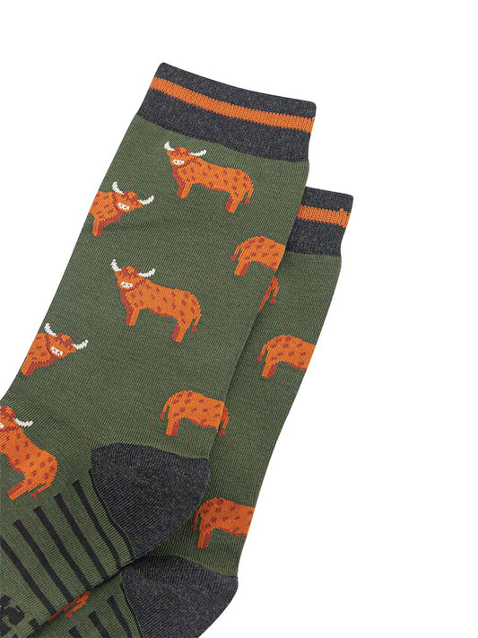 mens-bamboo-socks-khaki-highland-cow-close-up-orange-standing-cows
