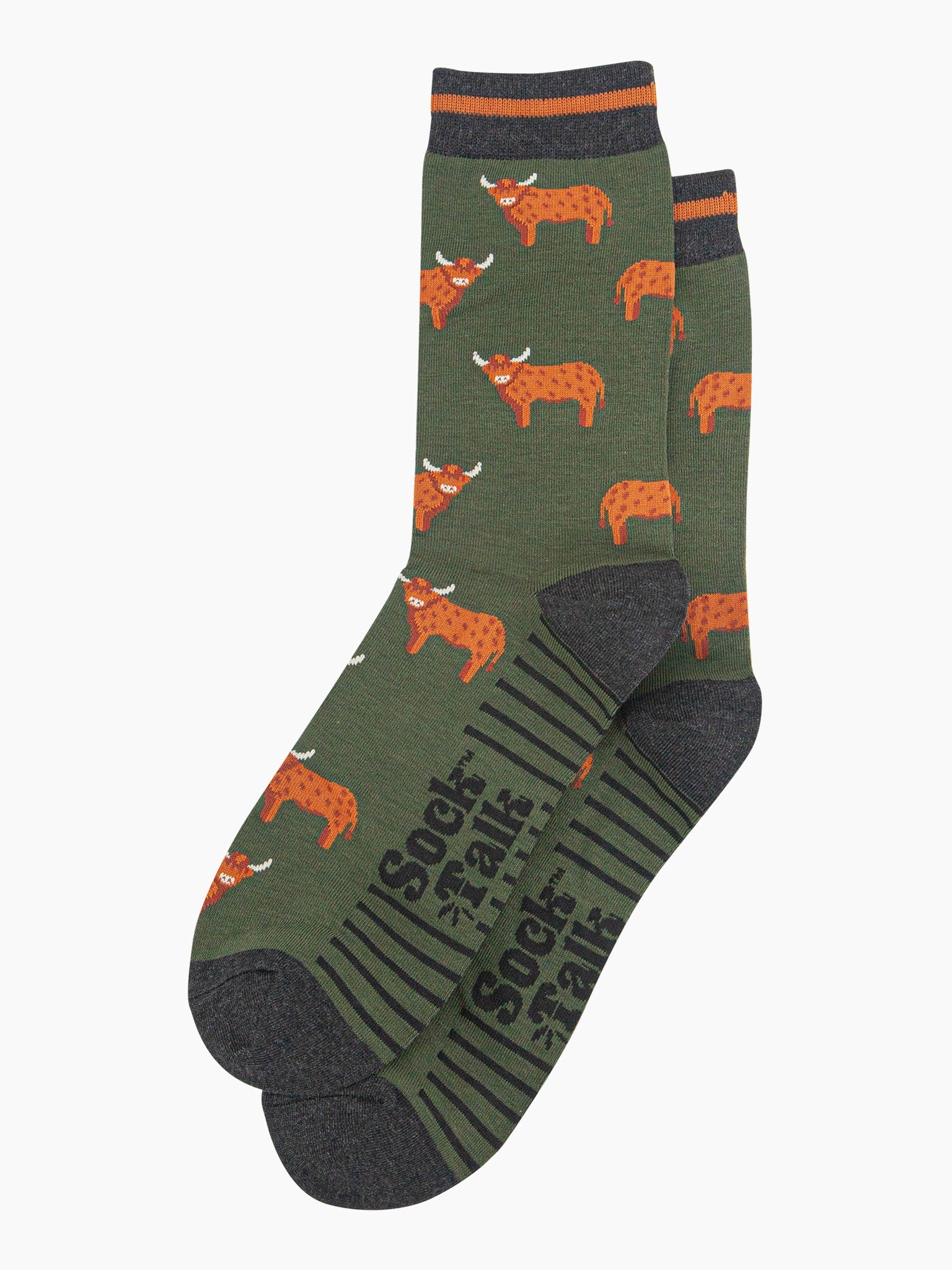 mens-bamboo-socks-khaki-highland-cow-laying-flat