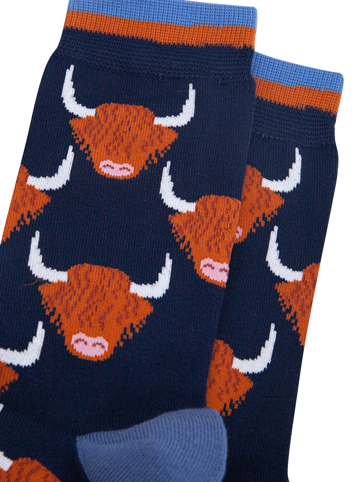 Highland-Cow-Bamboo-Socks-in-Navy-Blue-Closeup