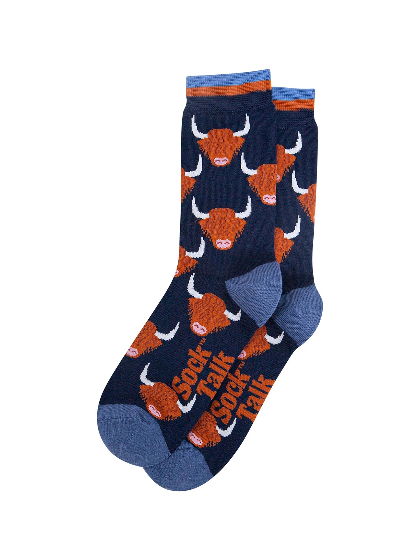 Highland-Cow-Bamboo-Socks-in-Navy-Blue-Lying-Flat