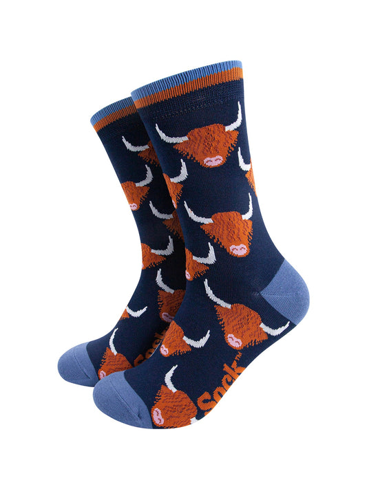Highland-Cow-Bamboo-Socks-in-Navy-Blue-Mannequin