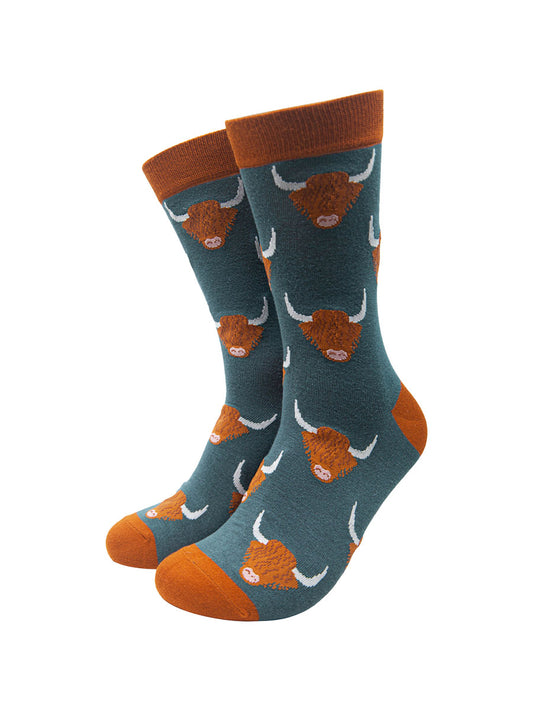 teal blue bamboo socks with all over print with highland cows