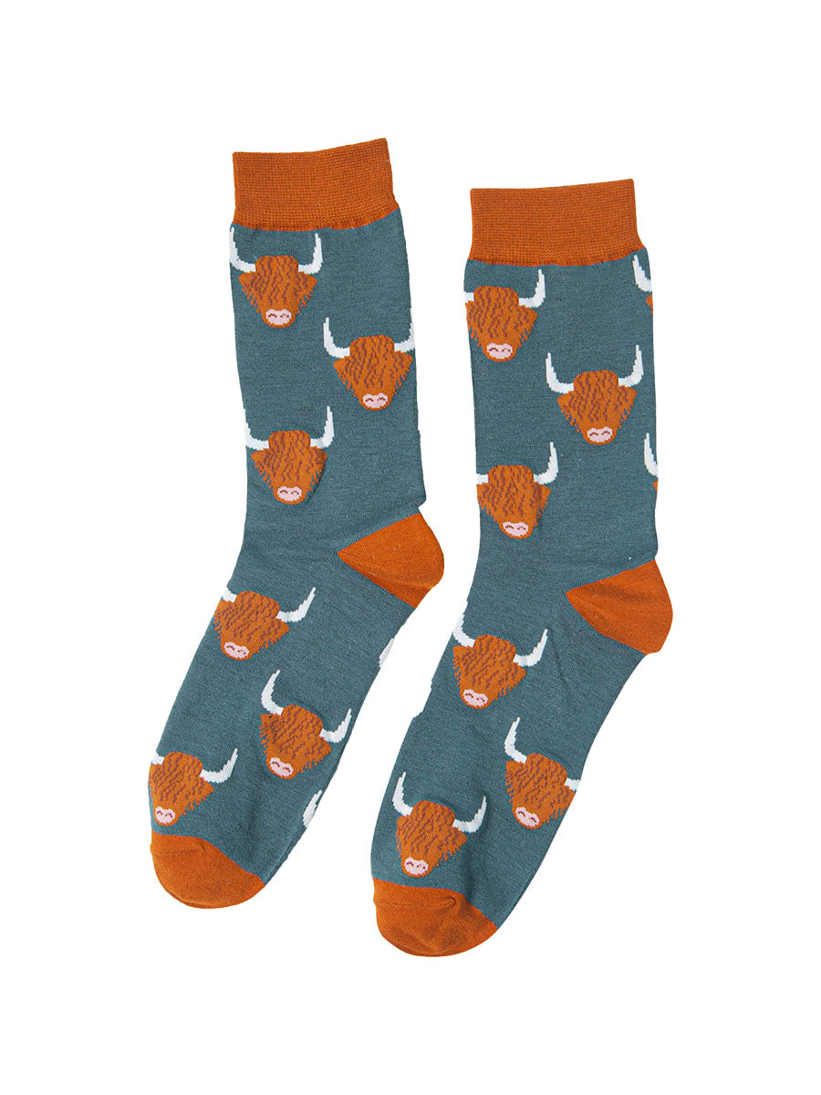 teal socks with highland cow print