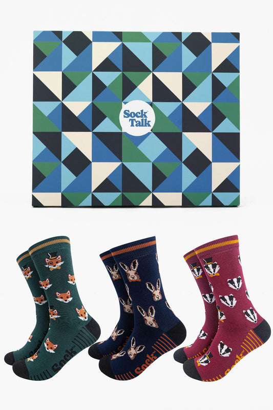 Men's Bamboo Crew Socks Trio Gift Set - Multi, Dapper Animals