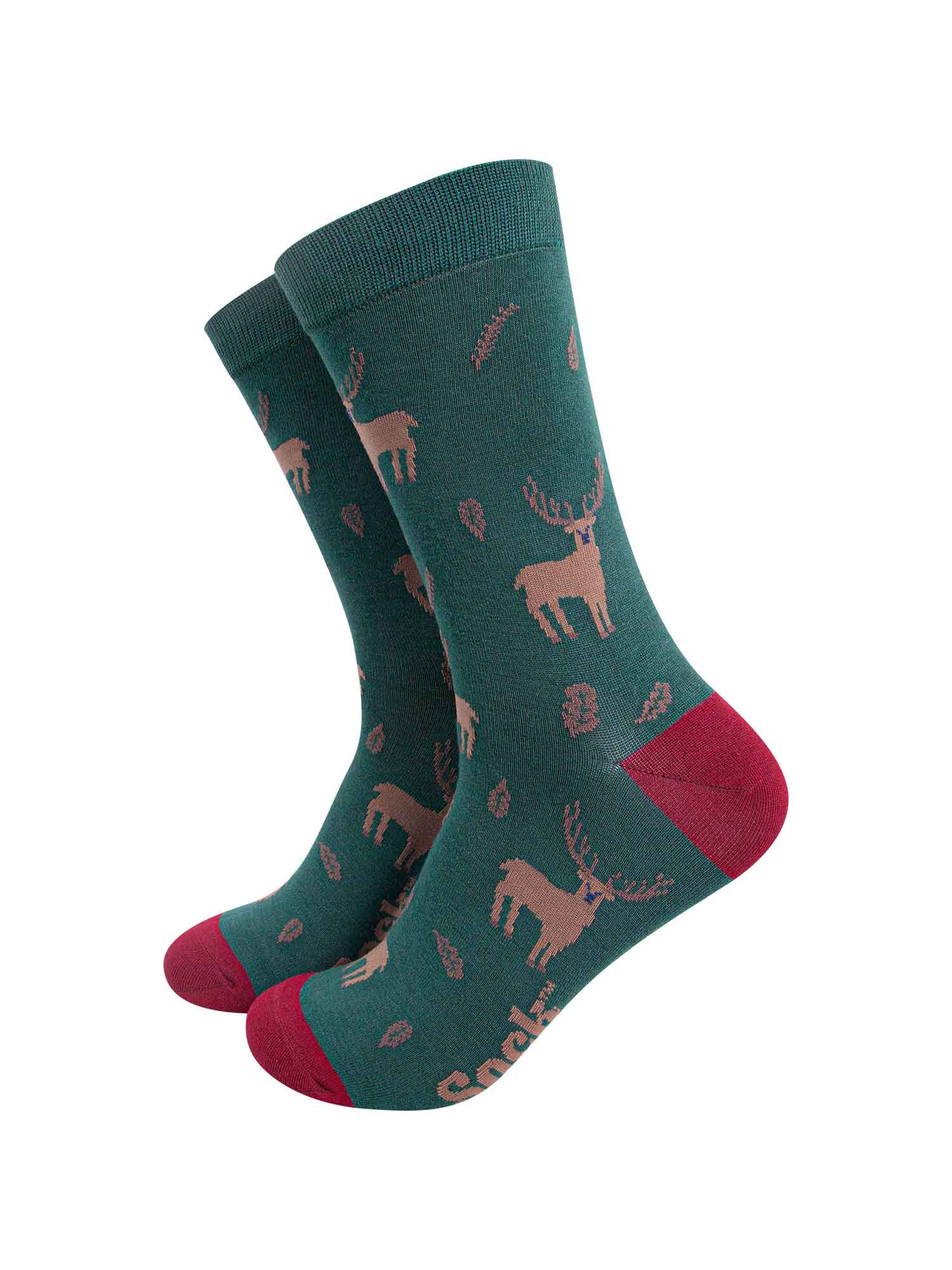 green dress socks with an all over stag and leaf pattern