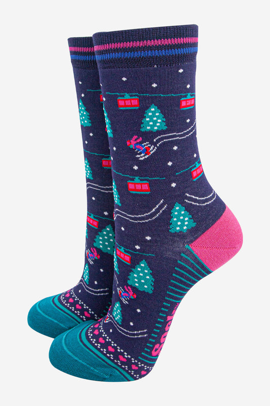 womens-bamboo-socks-navy-blue-green-cable-cars-and-trees-skiing