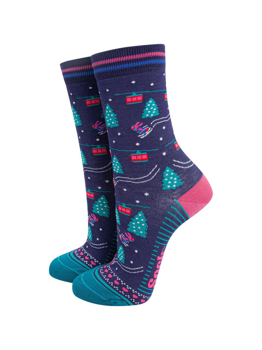 womens-bamboo-socks-navy-blue-green-cable-cars-and-trees-skiing