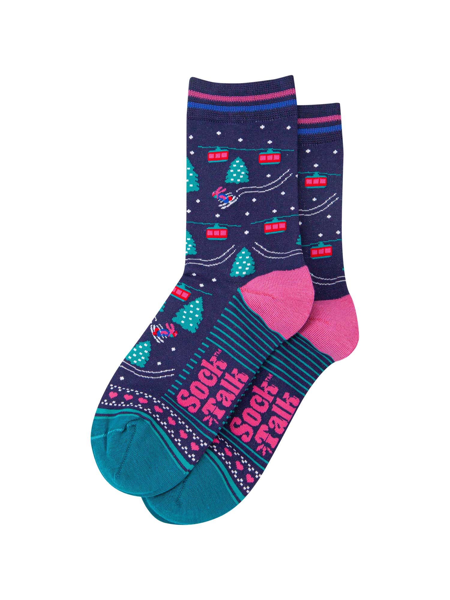 womens-bamboo-socks-navy-blue-green-cable-cars-and-trees-laying-flat