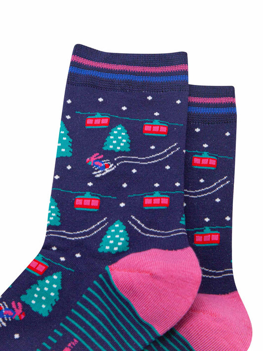 womens-bamboo-socks-navy-blue-green-cable-cars-and-trees-close-up