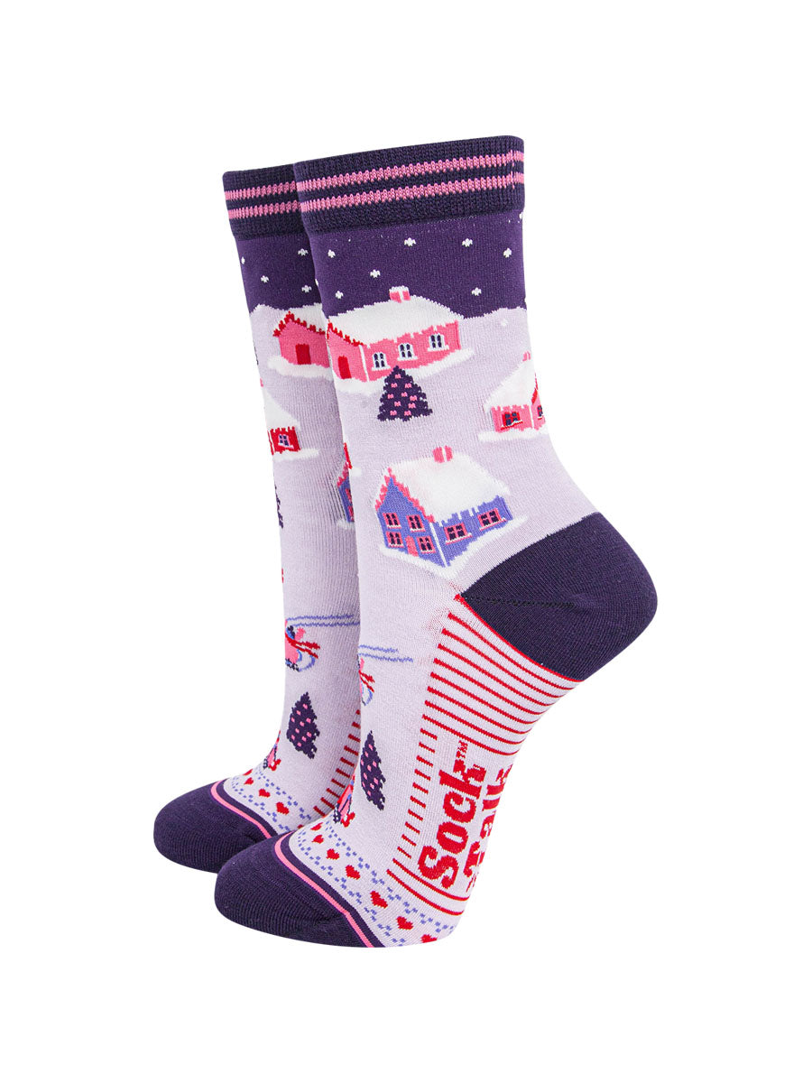 womens-bamboo-socks-navy-blue-winter-village-christmas-snow