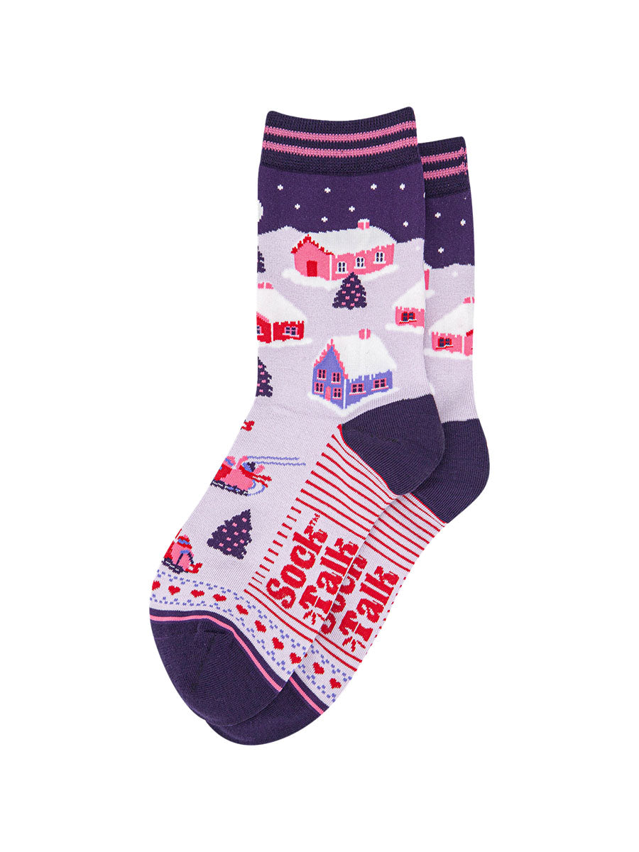 womens-bamboo-socks-navy-blue-winter-village-laying-flat