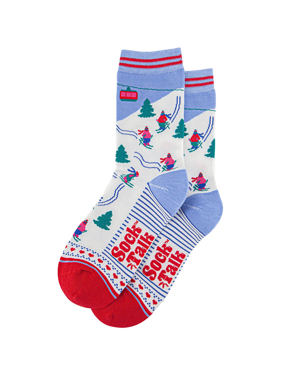 womens-bamboo-socks-sky-blue-red-mountain-ski-laying-flat
