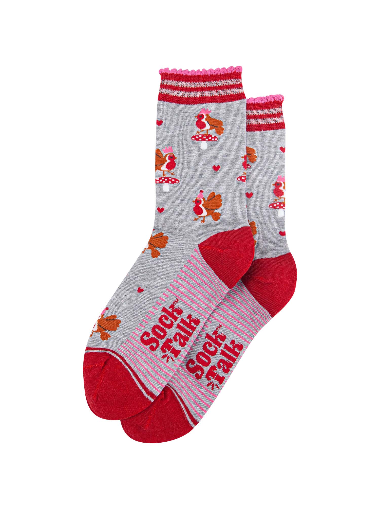 womens-bamboo-socks-light-grey-red-party-robins-laying-flat