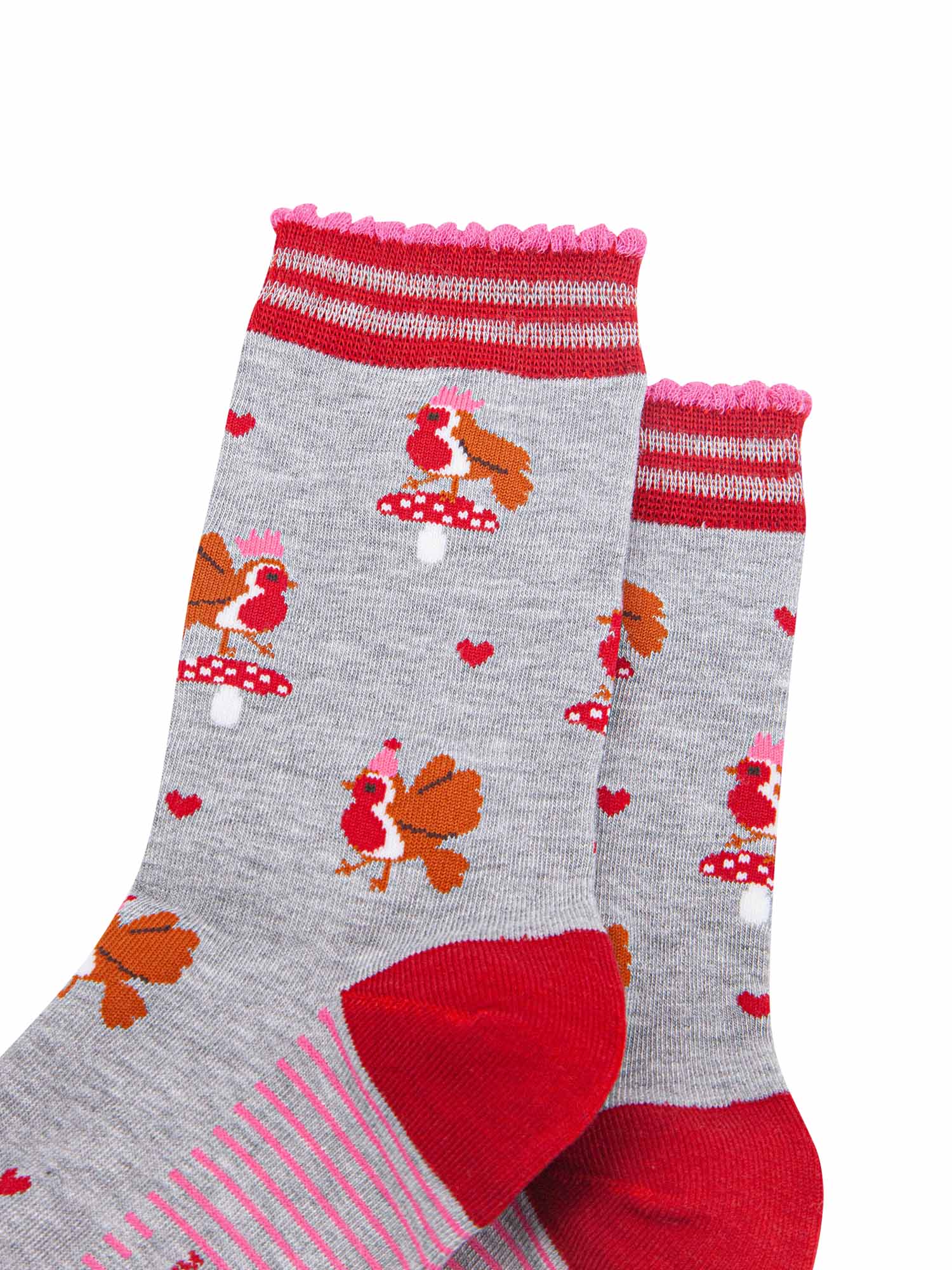 womens-bamboo-socks-light-grey-red-party-robins-close-up