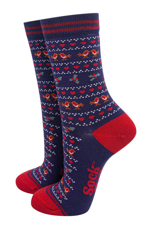 womens-bamboo-socks-navy-blue-red-robin-fair-isle-christmas-holly