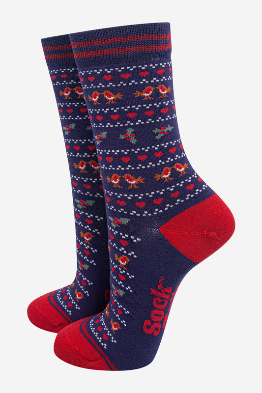 womens-bamboo-socks-navy-blue-red-robin-fair-isle-christmas-holly