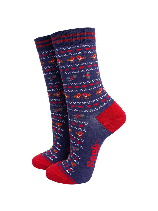 womens-bamboo-socks-navy-blue-red-robin-fair-isle-christmas-holly