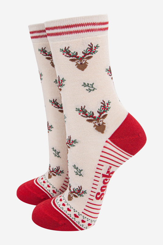 womens-bamboo-socks-cream-red-floral-reindeer-christmas