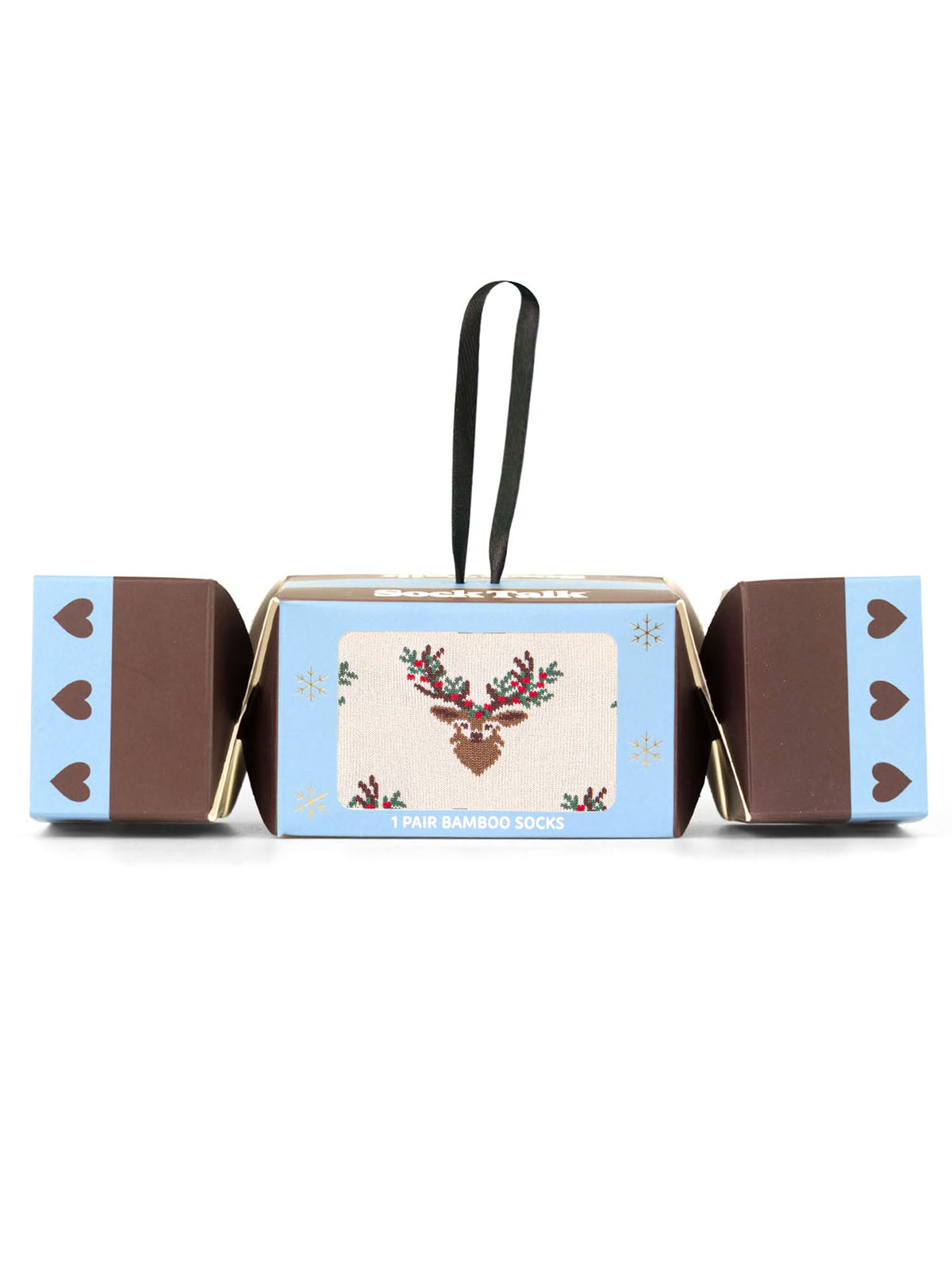 Stag-Floral-Bamboo-Crew-Socks-Christmas-Cracker-Gift-Box-in-Cream/Red