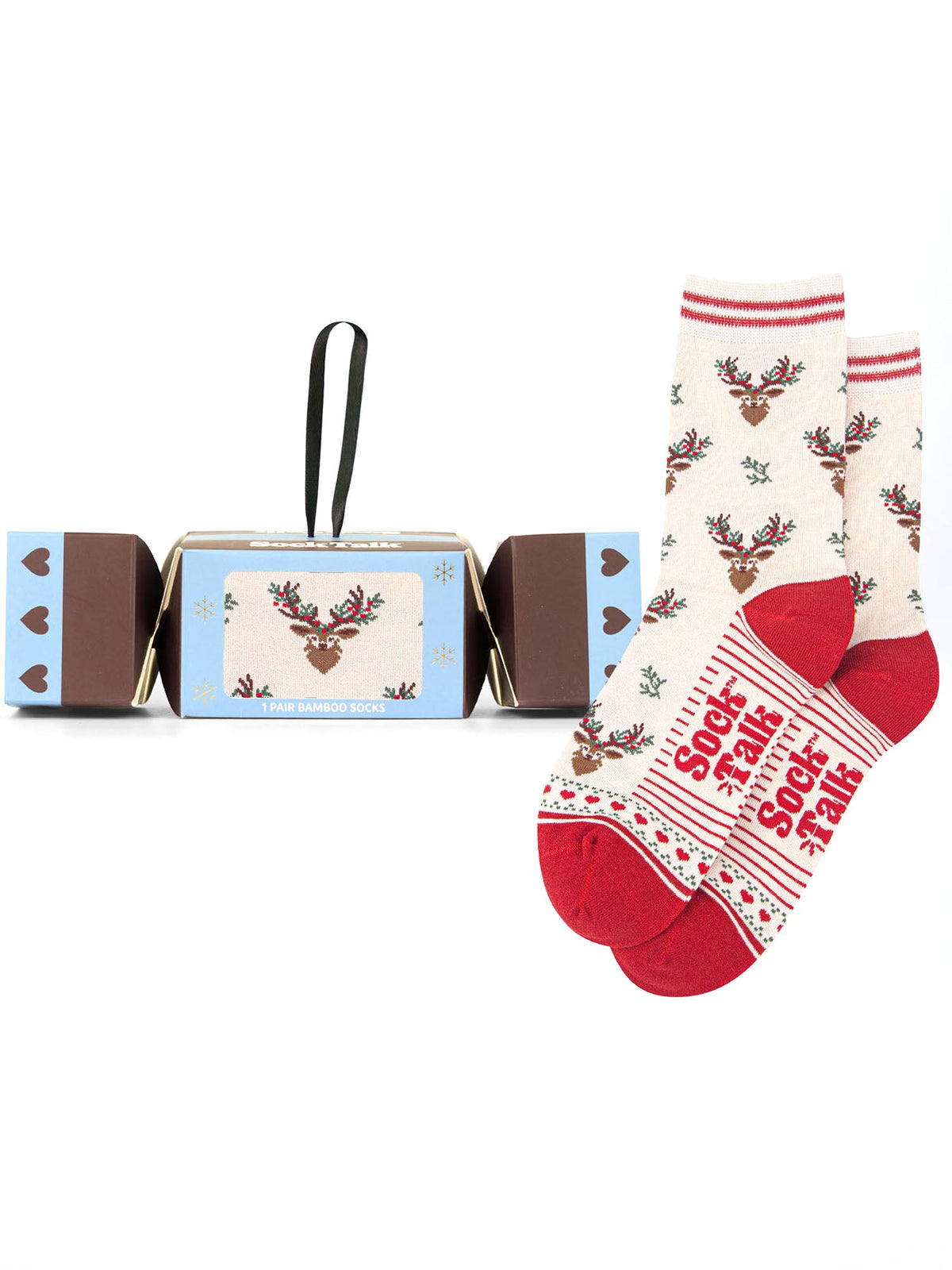 Stag-Floral-Bamboo-Crew-Socks-Christmas-Cracker-Gift-Box-in-Cream/Red