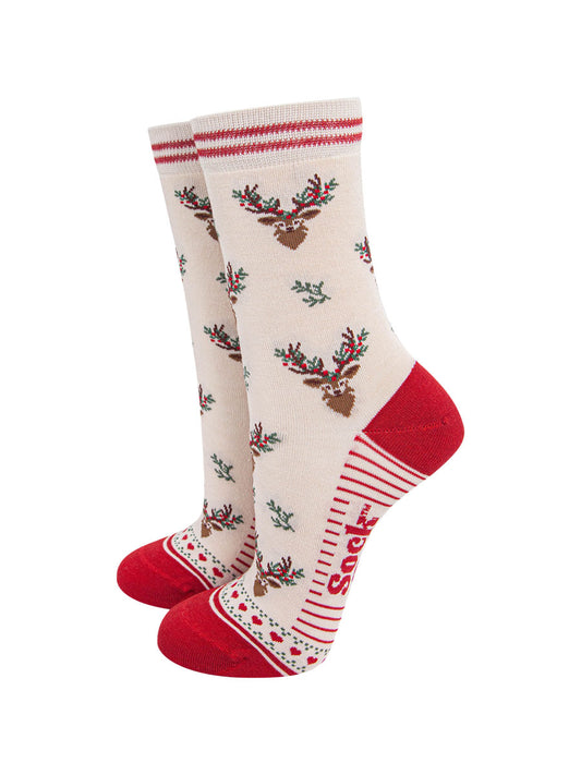 womens-bamboo-socks-cream-red-floral-reindeer-christmas