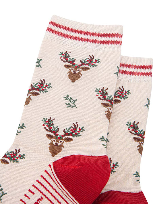 womens-bamboo-socks-cream-red-floral-reindeer-close-up