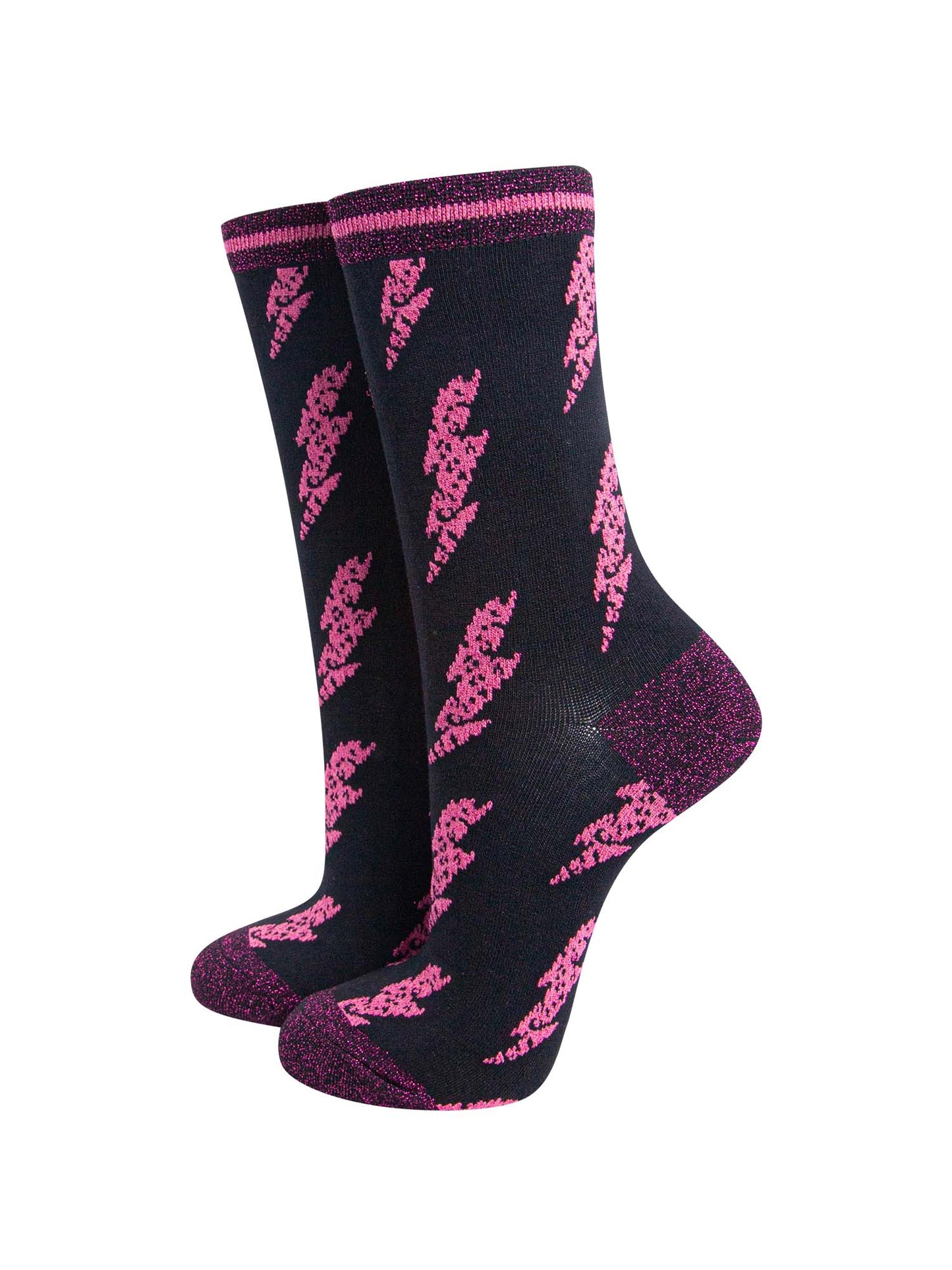 black and fuchsia pink ankle socks, pink lightning bolts with pink glitter heel, toe and trim