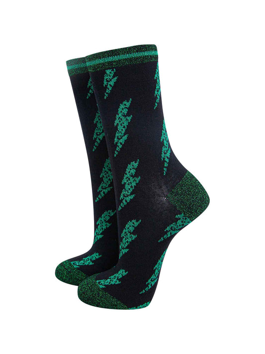 black and green lightning bolt bamboo socks with glitter heel, toe and trim