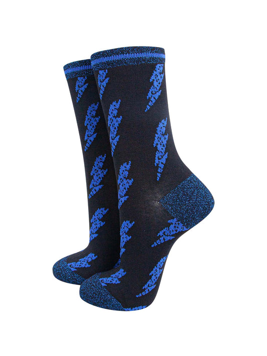 black ankle socks with blue lightning bolts all over and a blue glitter heel, toe and trim