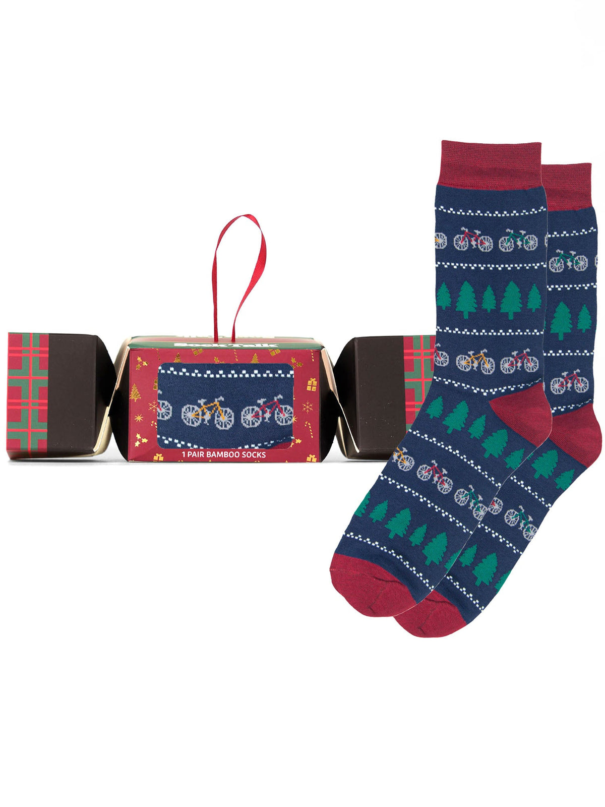 Bicycle-Fair-Isle-Bamboo-Crew-Socks-Christmas-Cracker-Gift-Box-in Navy-Blue