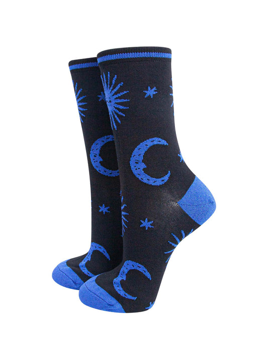 black bamboo ankle socks with a blue glitter star and moon pattern