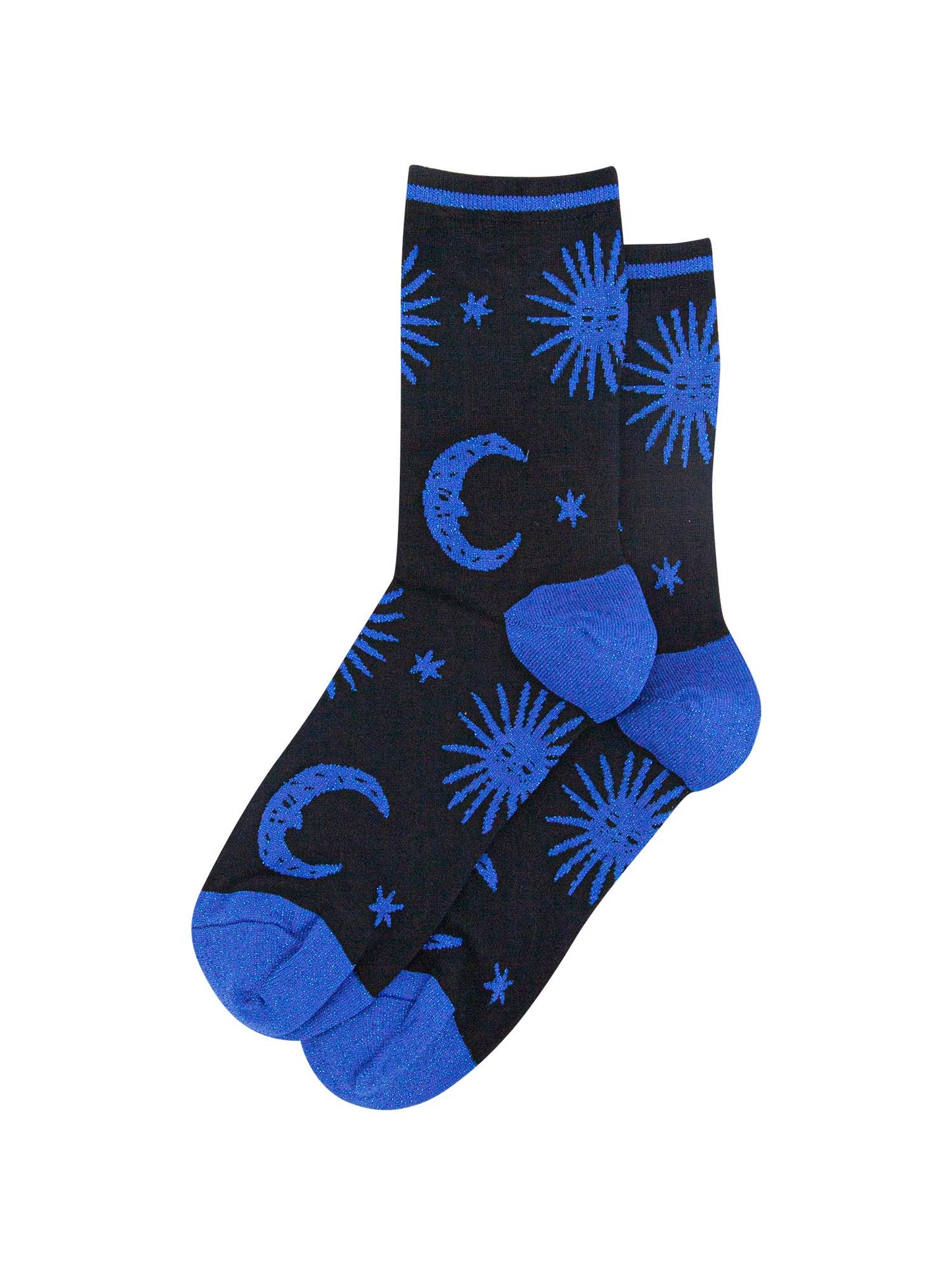 black bamboo ankle socks with a blue glitter star and moon pattern