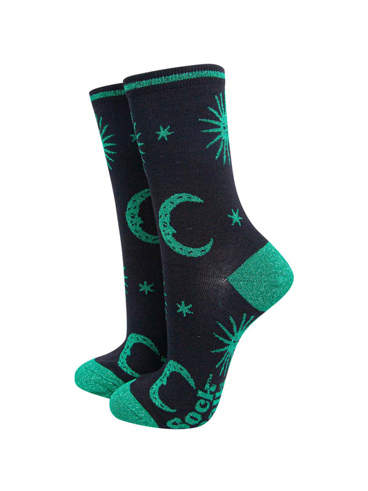 black and green bamboo socks with stars and moon with glitter toe, heel and trim