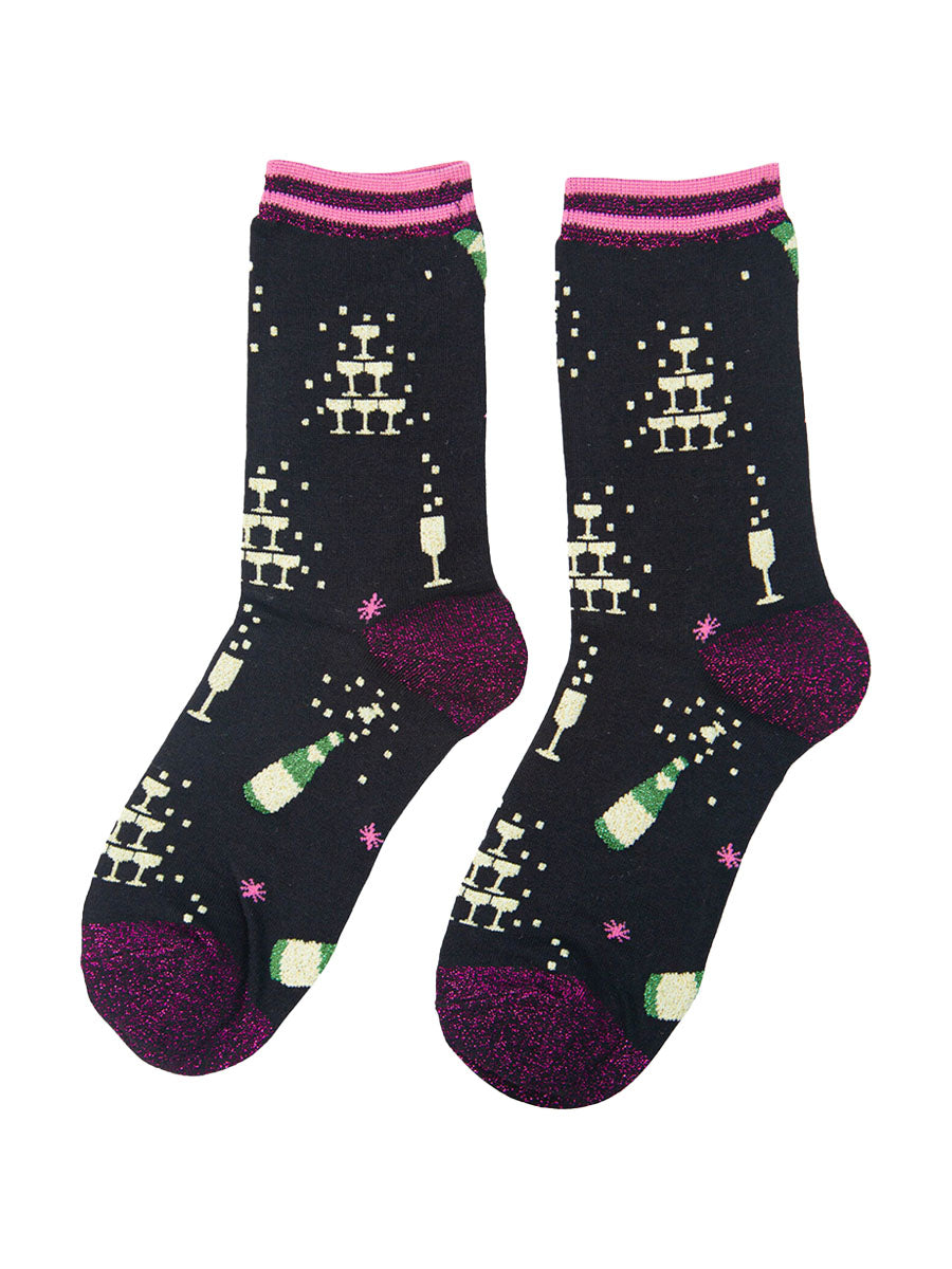 black and pink glitter bamboo socks with a pattern of champagne flutes and bottles