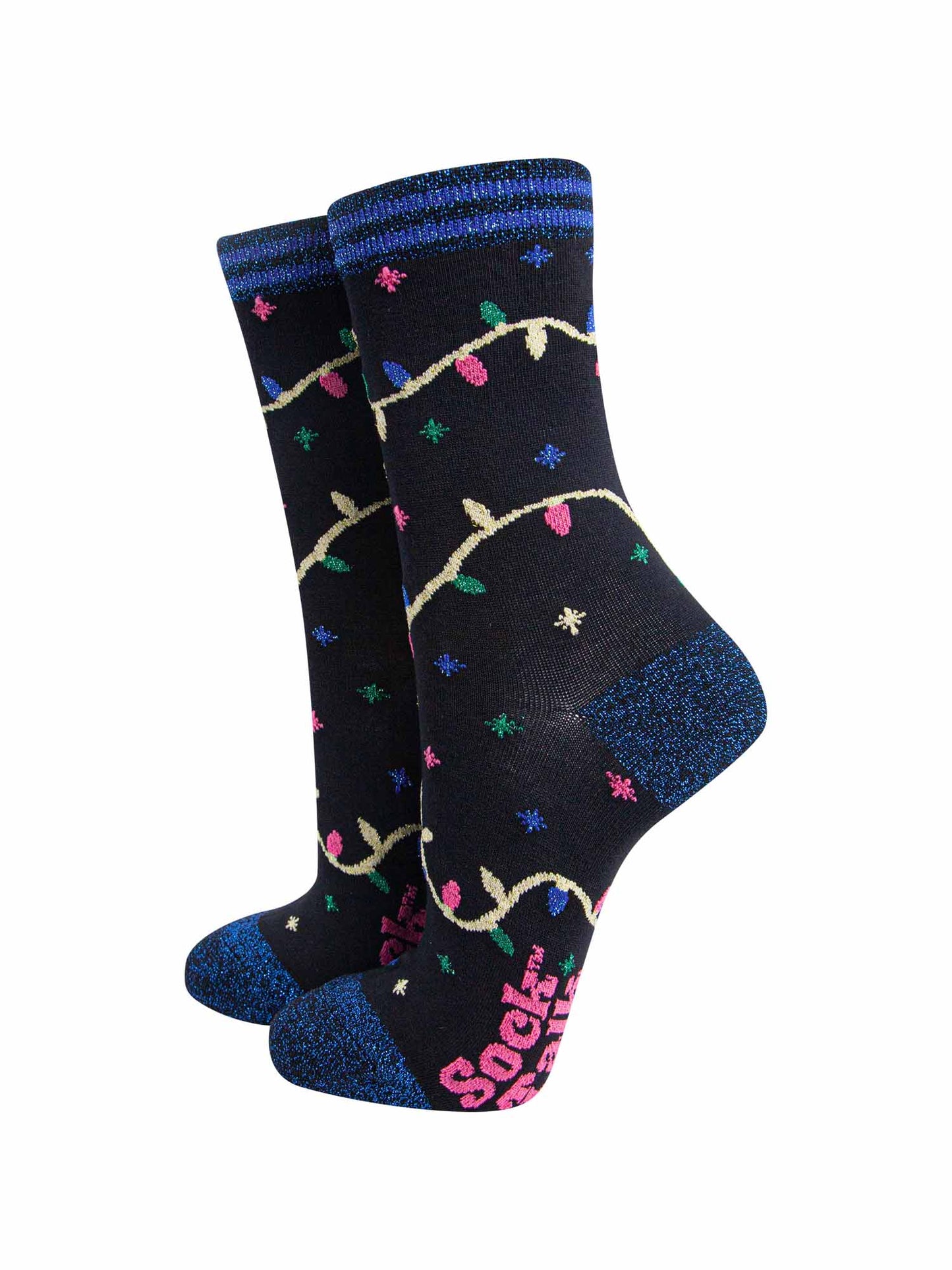 black bamboo socks with blue glitter heel, toe and trim with a multicoloured xmas lights patterns