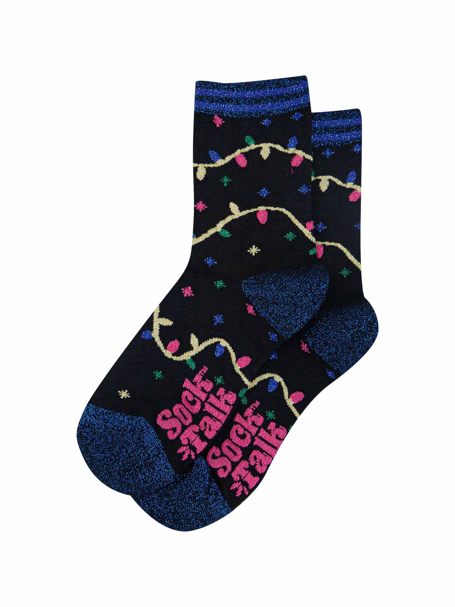 black bamboo socks with blue glitter heel, toe and trim with a multicoloured xmas lights patterns