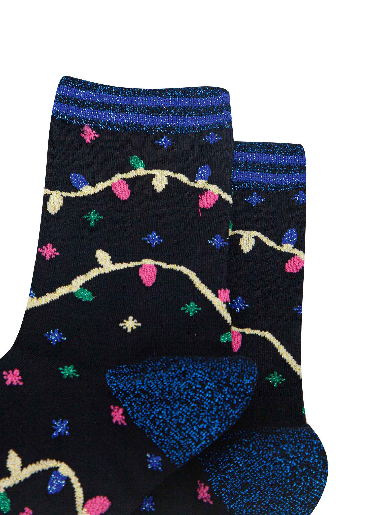black bamboo socks with blue glitter heel, toe and trim with a multicoloured xmas lights patterns