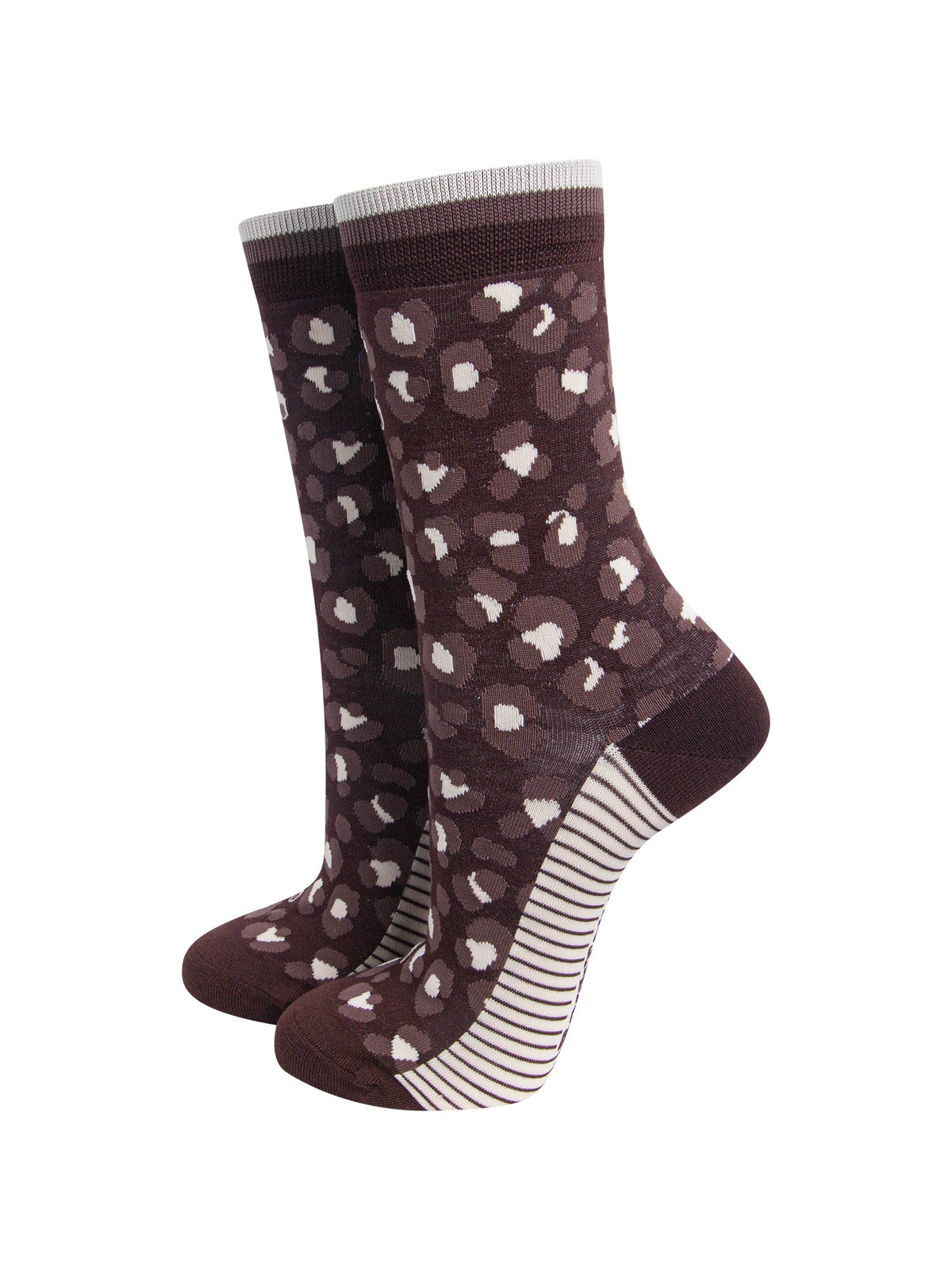 Leopard-Print-Women's-Bamboo-Socks-in-Brown-On-Mannequin
