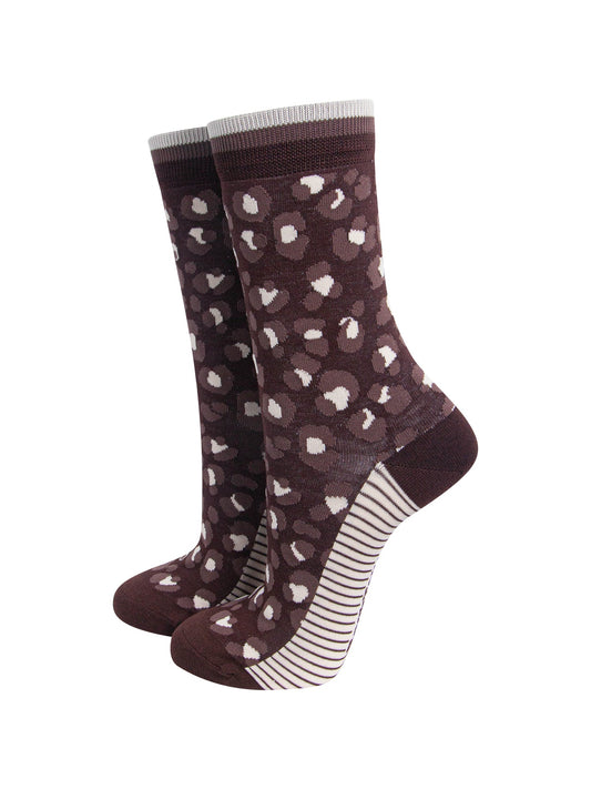 Leopard-Print-Women's-Bamboo-Socks-in-Brown-On-Mannequin