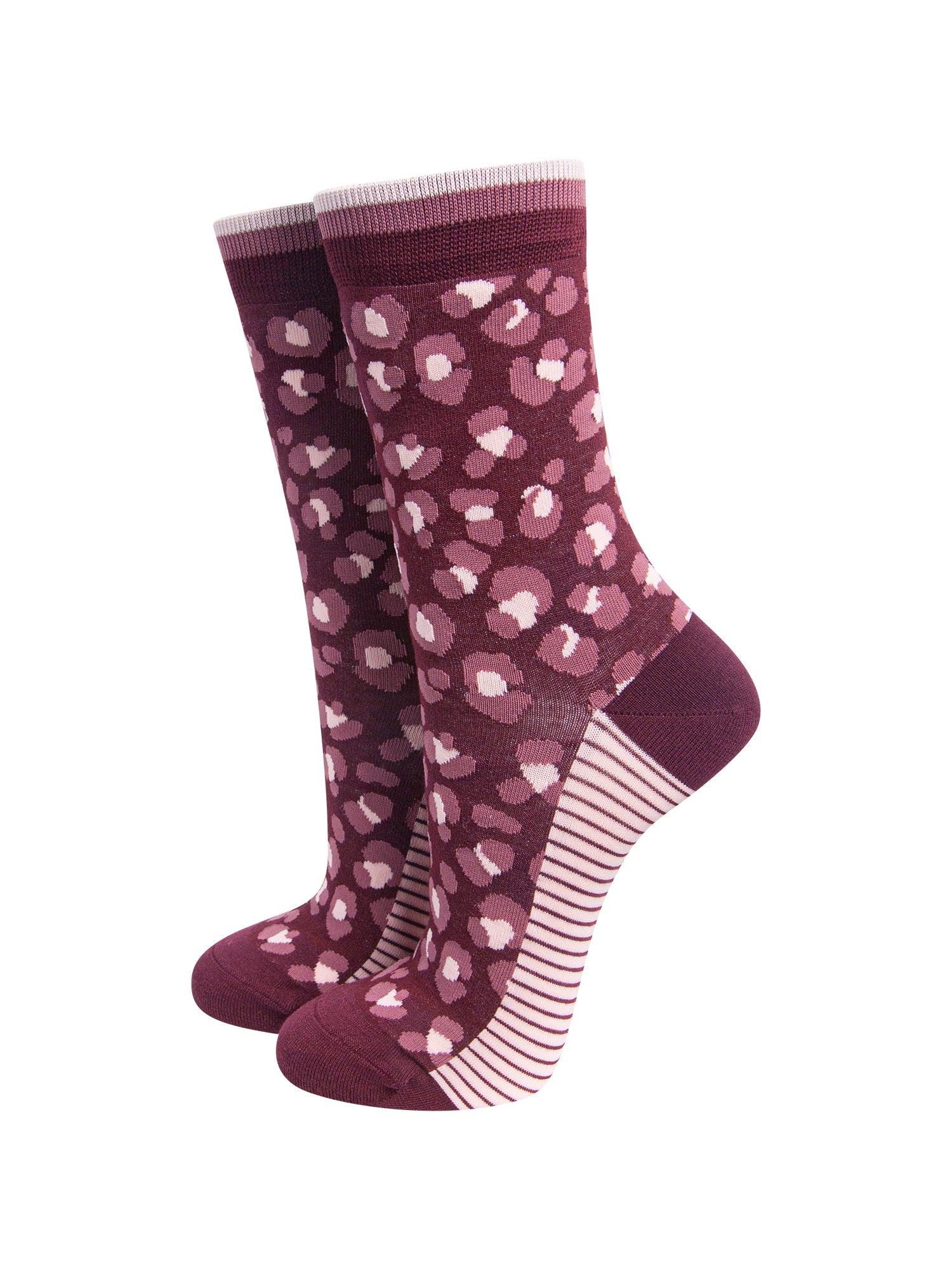 Leopard-Print-Women's-Bamboo-Socks-in-Burgundy-On-Mannequin