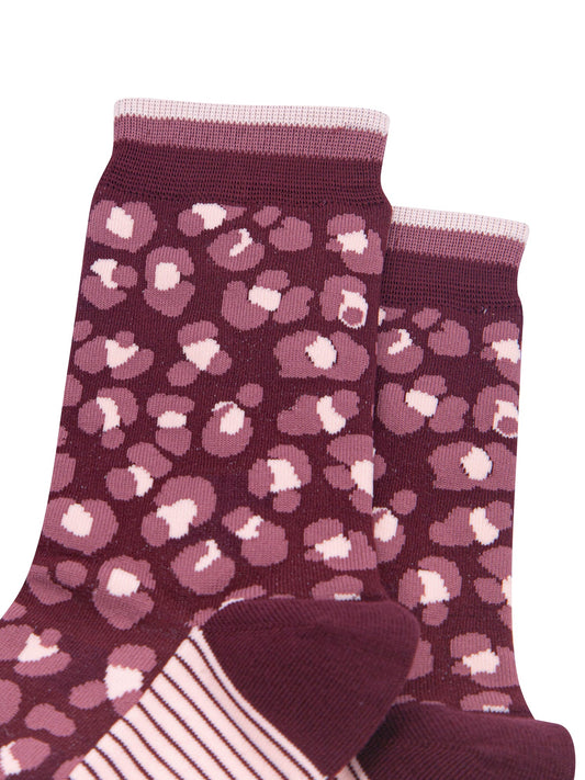 Leopard-Print-Women's-Bamboo-Socks-in-Burgundy-Close-Up
