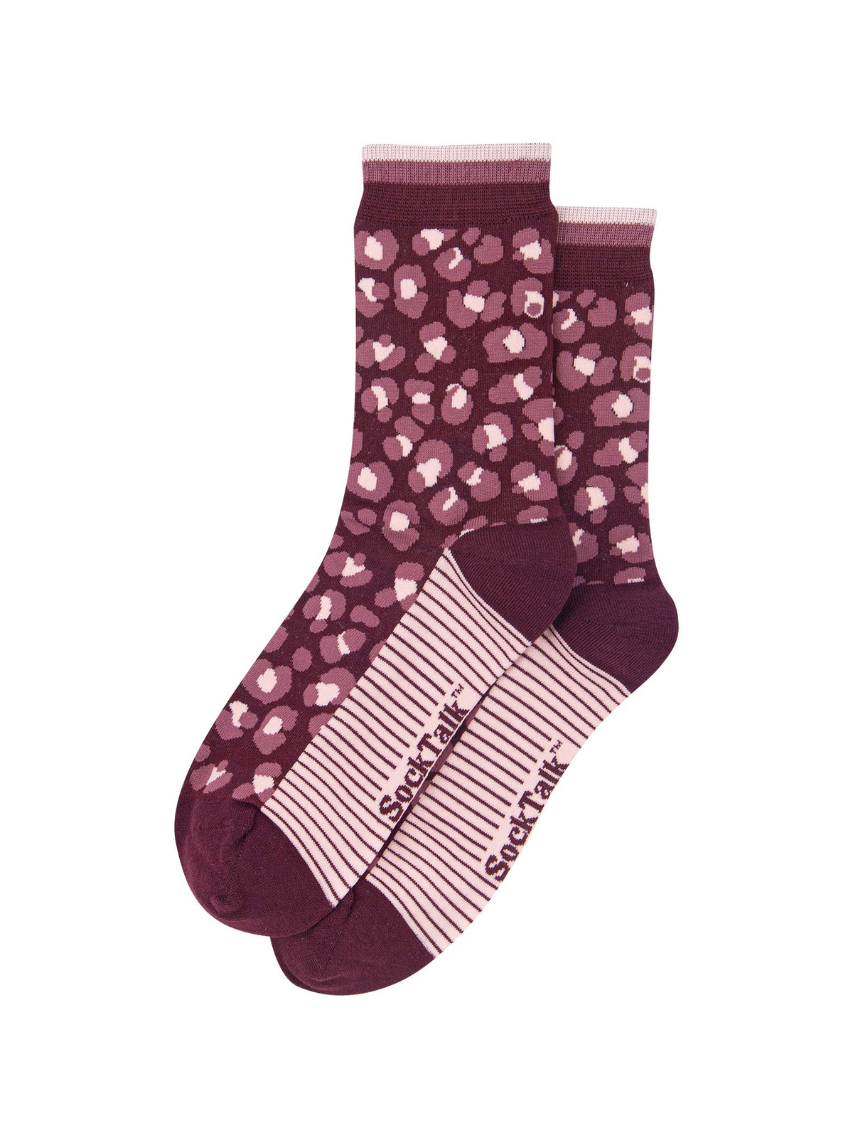 Leopard-Print-Women's-Bamboo-Socks-in-Burgundy-Laid-Flat