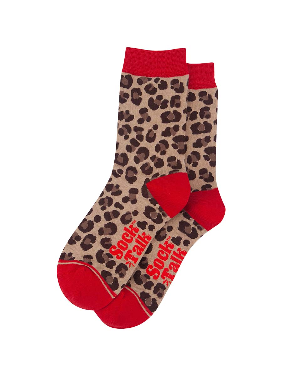 womens-bamboo-socks-beige-red-leopard-laying-flat