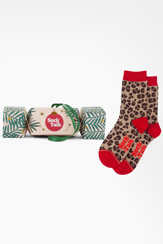 Women's Bamboo Ankle Socks Christmas Cracker Gift Box - Beige/Red, Leopard