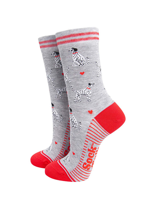 womens-bamboo-socks-light-grey-red-dalmatians-dogs